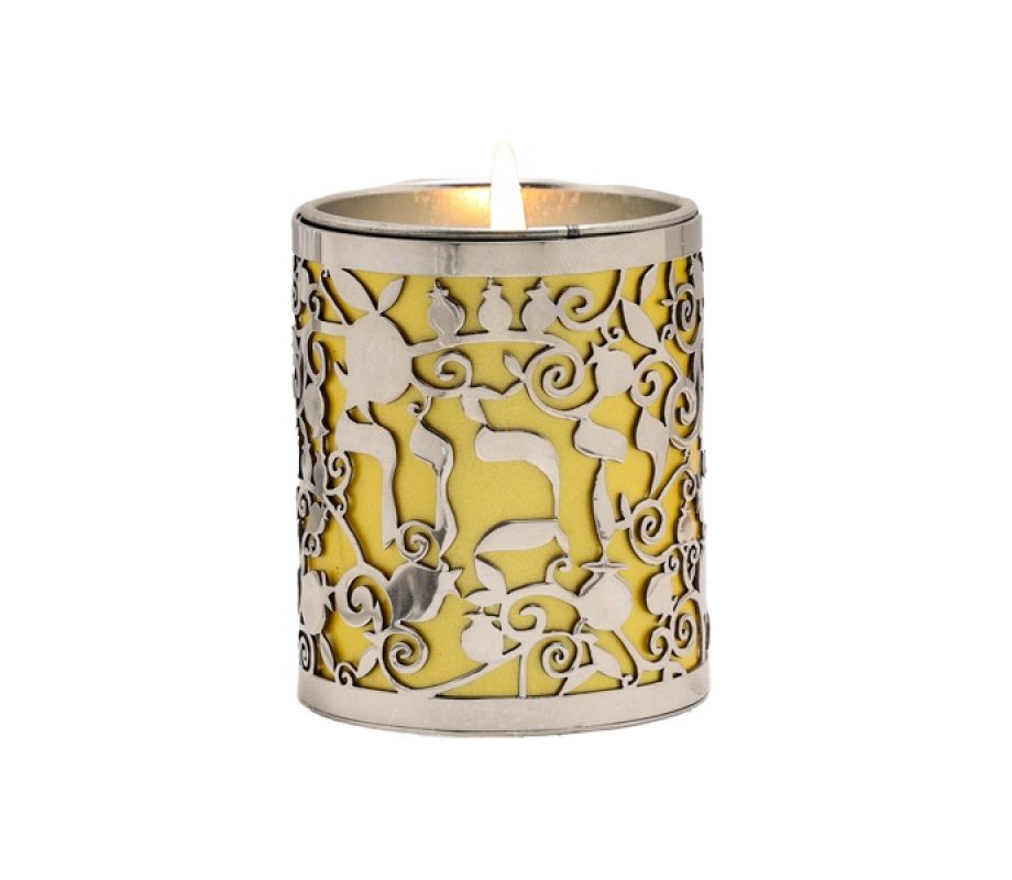 Yahrzeit Memorial Candle Holder with Yizkor & Pomegranates Cutout, Gold - Yair Emanuel