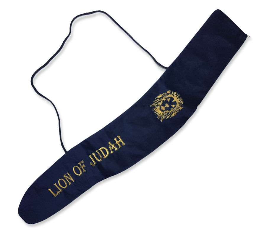 Yemenite Shofar Pouch Blue Velvet Lion of Judah Design - for 36 to 46 inches long