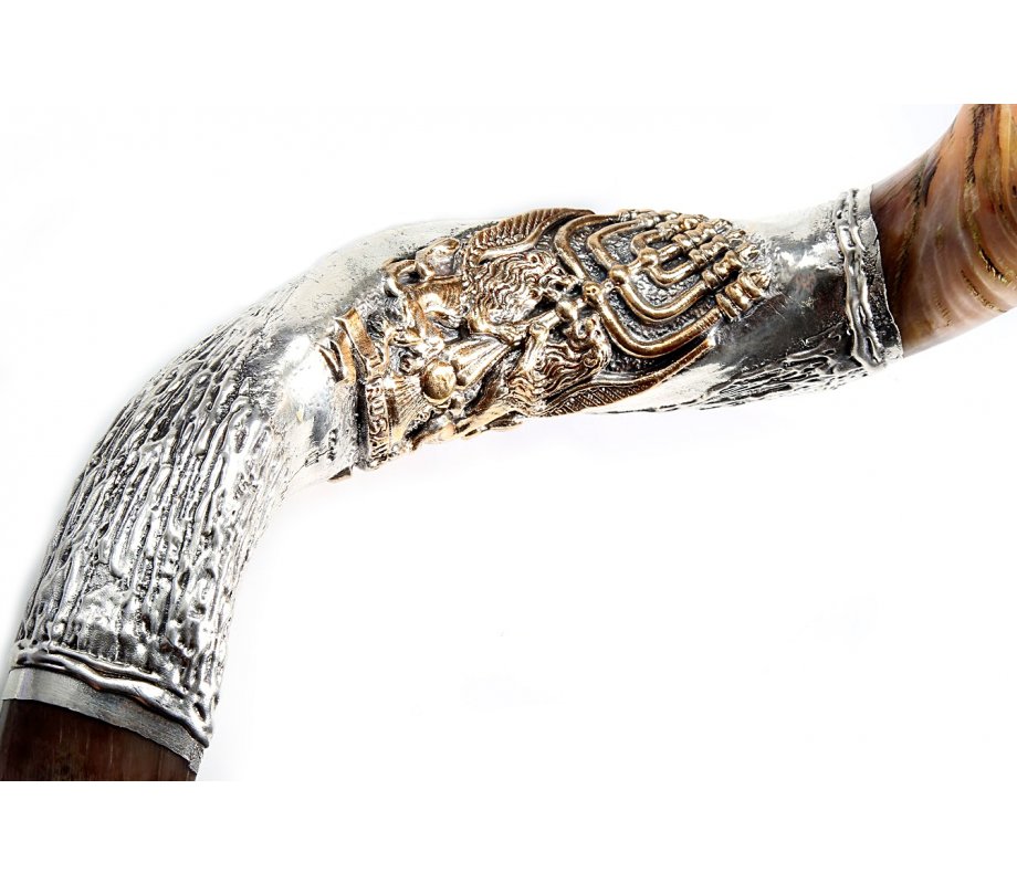 Yemenite Shofar with Sterling Silver Decoration - Lion of Judah and Menorah