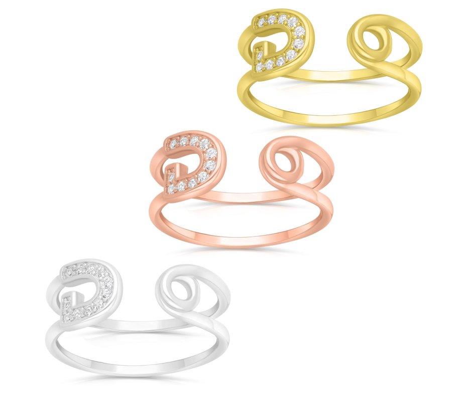 Zircon Decorated Horseshoe at End of Sterling Silver Ring - Rose Gold, Gold or Silver