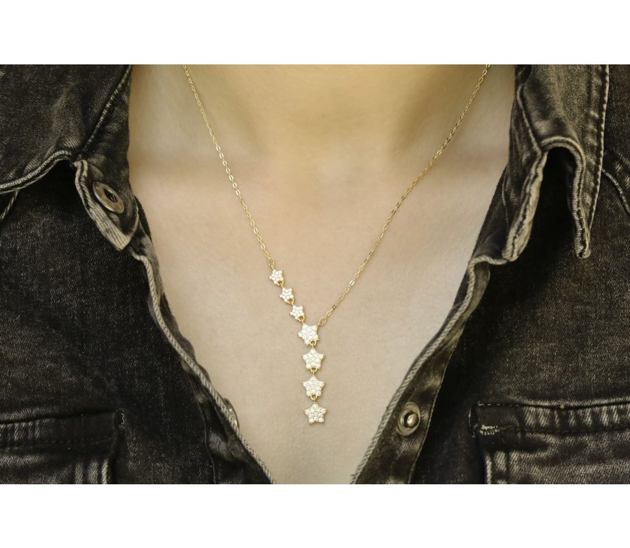 Zircon Studded Stars on Sterling Silver Lariat Necklace - Choose Yellow Gold or Silver