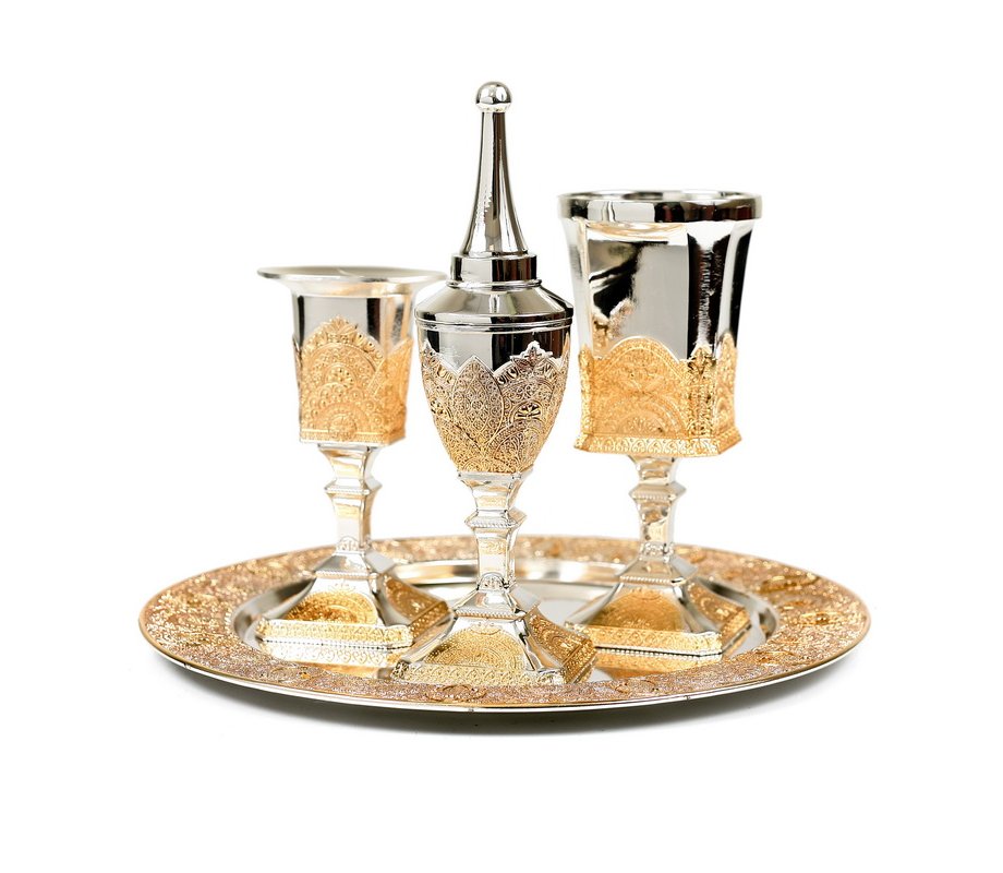 silver Plated and Gold Filigree Decorated Havdalah Set